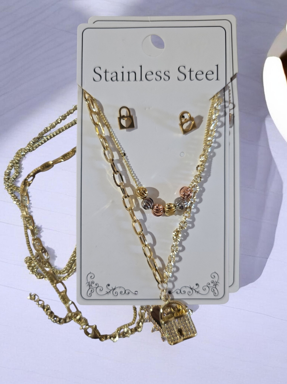 Gold-Tone Stainless Steel Layered Necklace & Earring Set